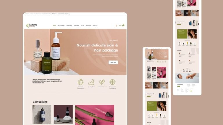 weblta Ecommerce homepage design for natural skincare and wellness brand with product showcase, founder section, and calming visuals