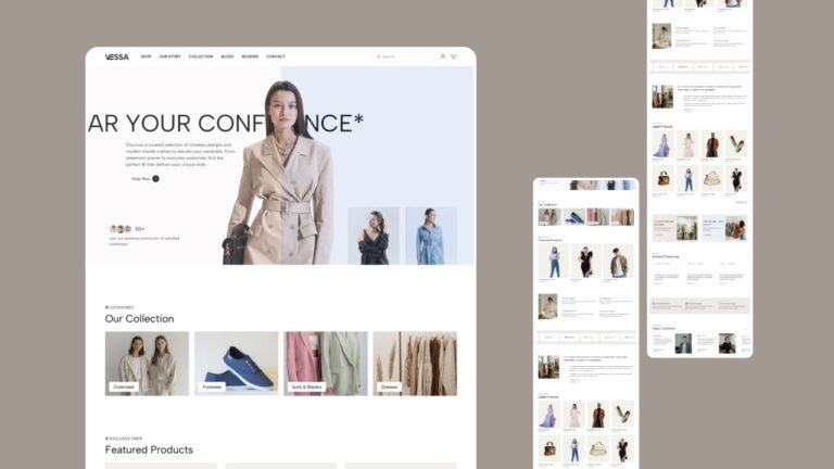 Elegant homepage design for a fashion eCommerce store with hero banner, product grid, testimonials, and promotional banners
