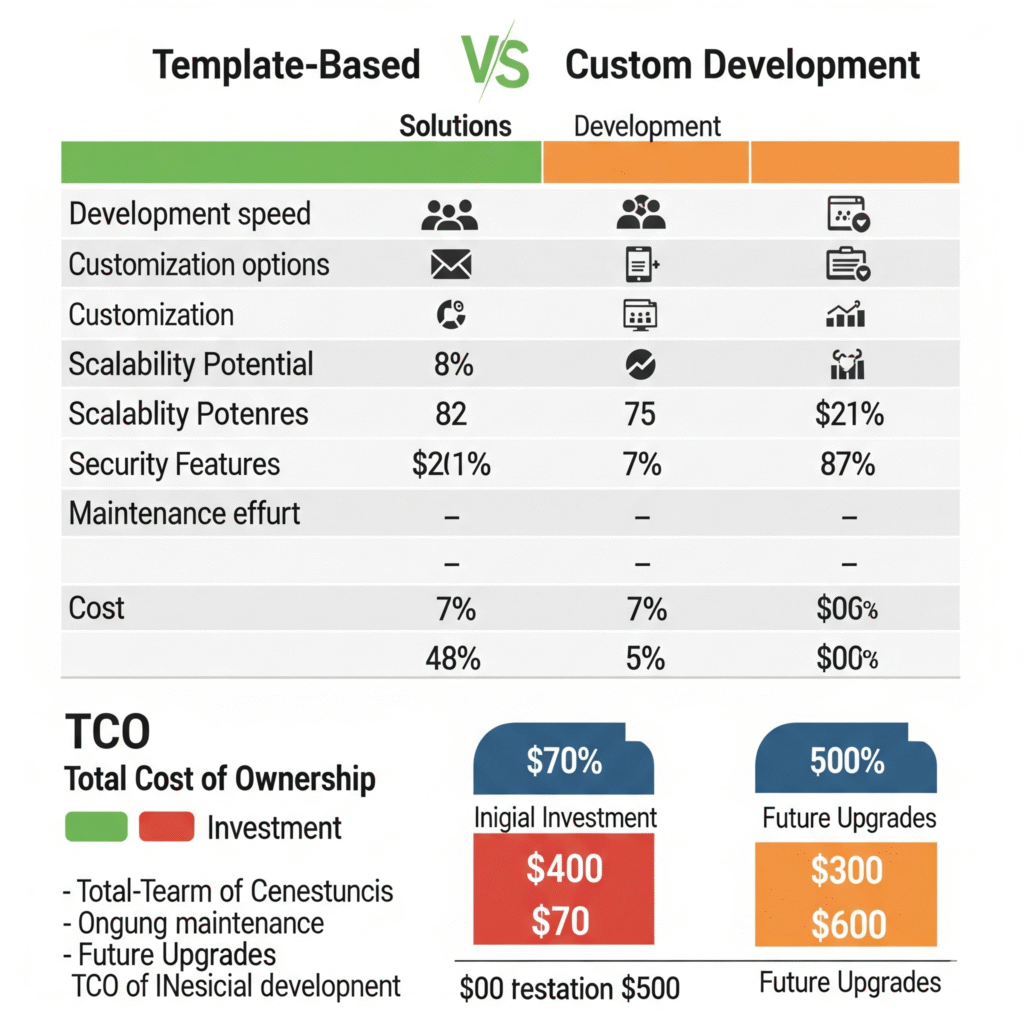 Five-year total cost comparison chart between template-based and custom e-commerce solutions